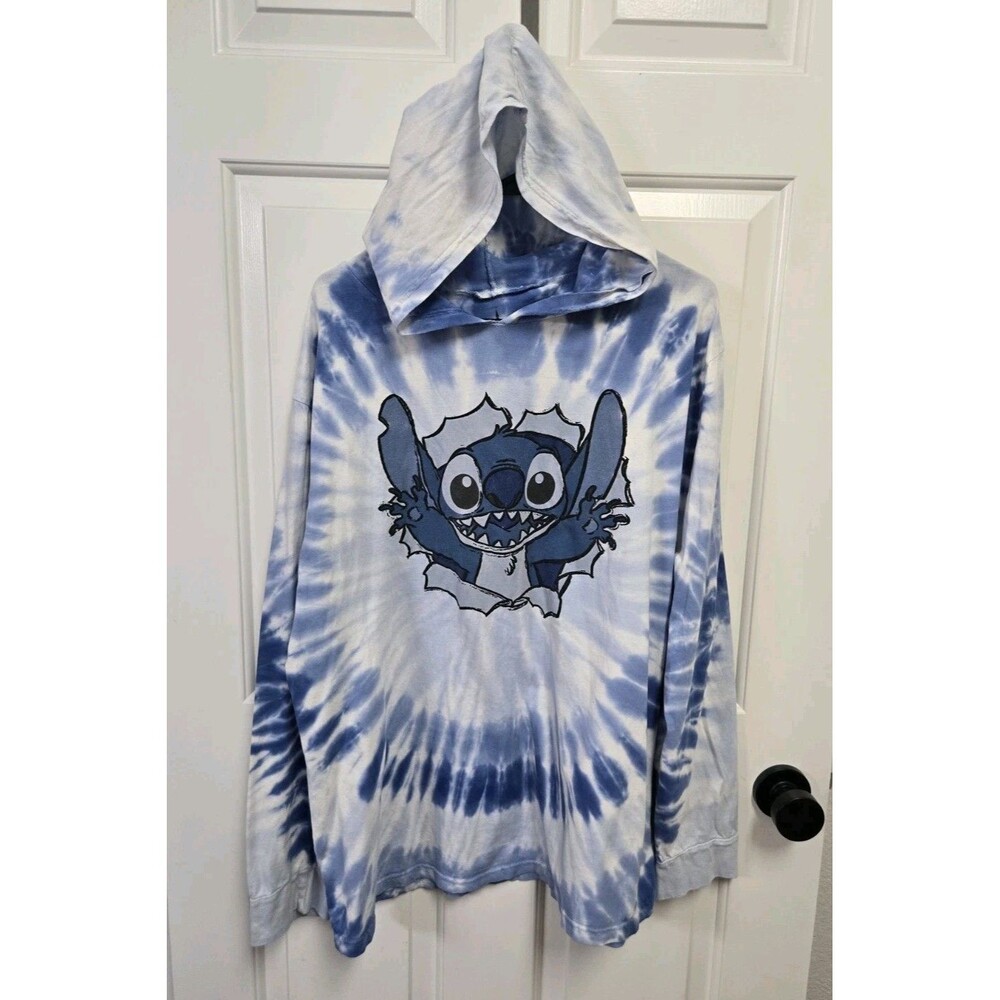 Disney Parks Stitch Pullover Hooded Long Sleeve Tshirt Tie Dye Blue Adult Large